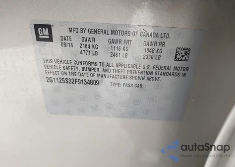 2015 Chevrolet Impala 2Lt from USA, damaged, VIN 2G1125S32F9134809